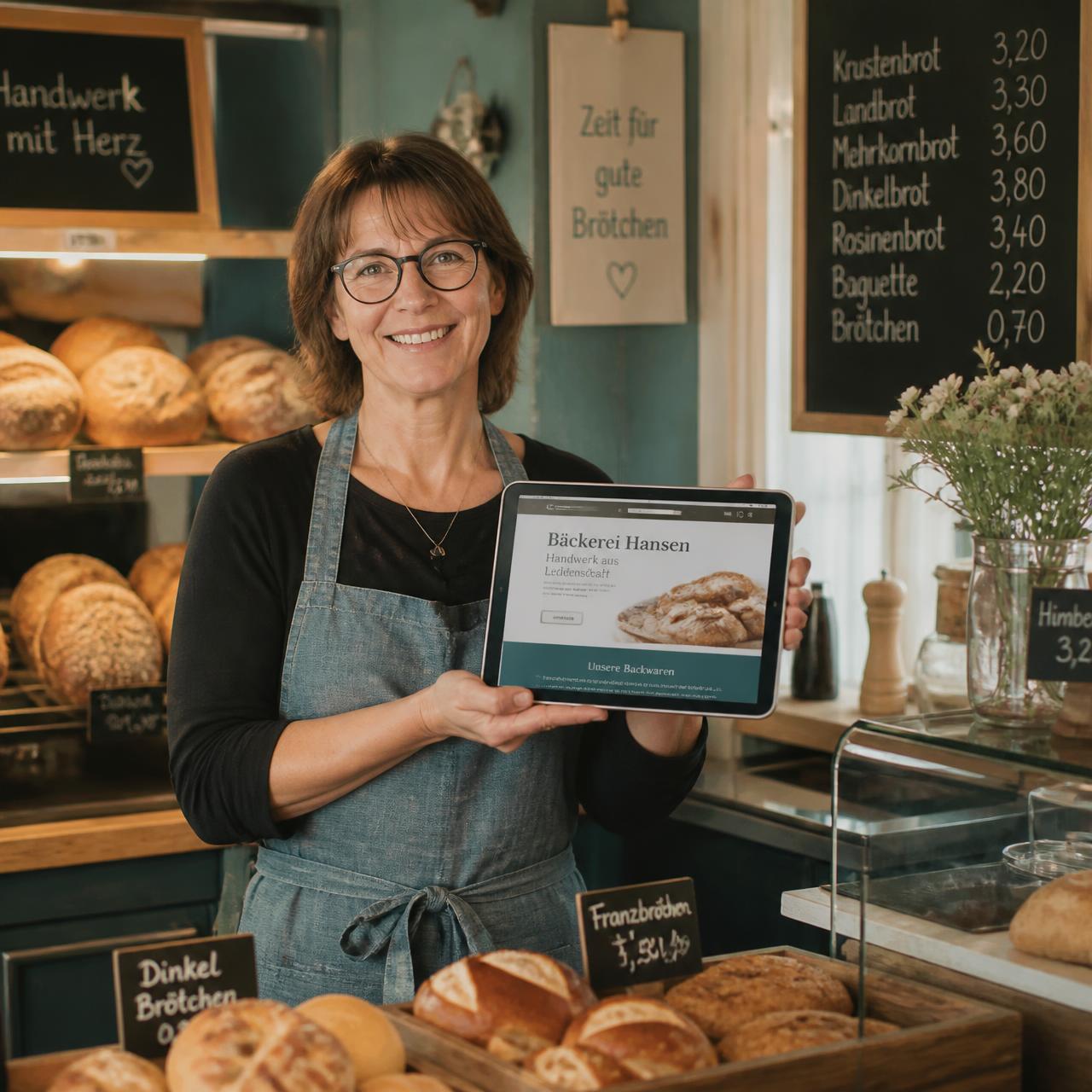 Bäckereiinhaberin zeigt ihre neue Website auf einem Tablet